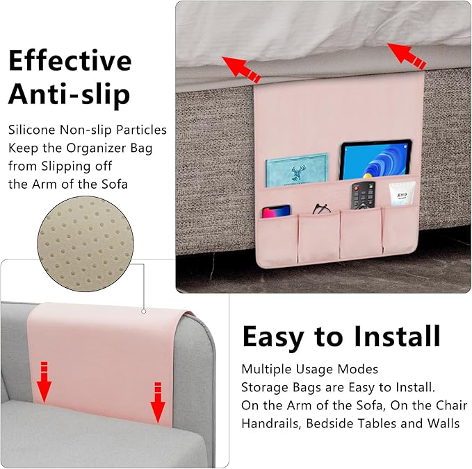 Remote Control Holder for Armchair，Couch Caddy Organizer TV Remote Holder for Bed Storage 5 Pockets，Remote Caddy Bedside Organizer Bedside Table Organizer (Pink, 35''x18'')