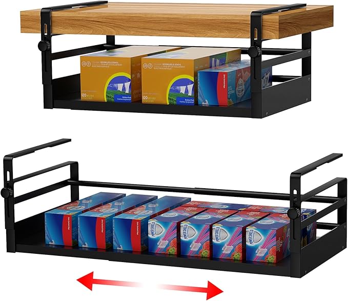 2Pack Under Shelf Basket Organizer, Adjustable Under Cabinet Shelf Storage, Hanging Holder Length Stretchable 13-21Inch for Kitchen Pantry Desk Counter Bookshelf Cupboard (Black)
