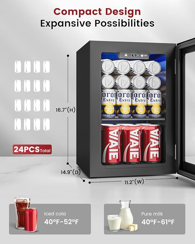 24 Cans Beverage Refrigerator Cooler - Mini Fridge with Digital Temperature Control, Soda Wine Beer Drink Fridge - Small Refrigerator for Office Home Bedroom Dorm Bar, Black