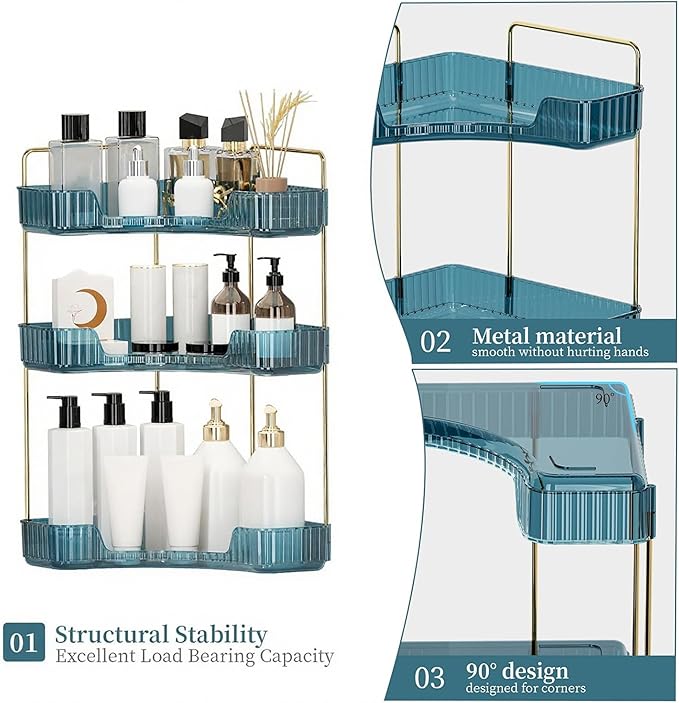 Corner Bathroom Countertop Organizer, Vanity Organizer Trays for Counter, Makeup Organizers, Perfume Tray, Skincare Shelf Storage Gifts for Women Girl Student (Blue, 3 Tiers)
