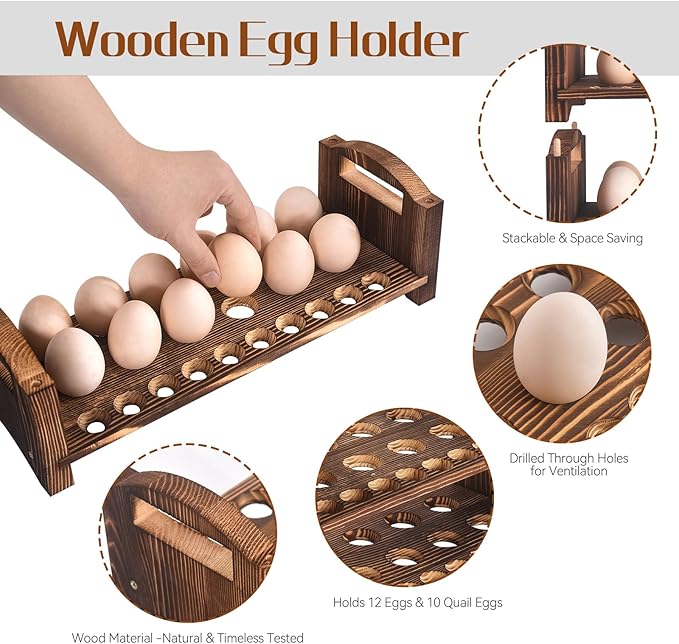 Wooden Egg Holder 3 Layer Fresh Egg Rack Holders Countertop Stackable Quail Egg Sorter Storage Trays Organizer Display Stand Kitchen Rack, Fits Duck, Turkey, Chicken Eggs,up to 36 Eggs, 3 Tier-Brown