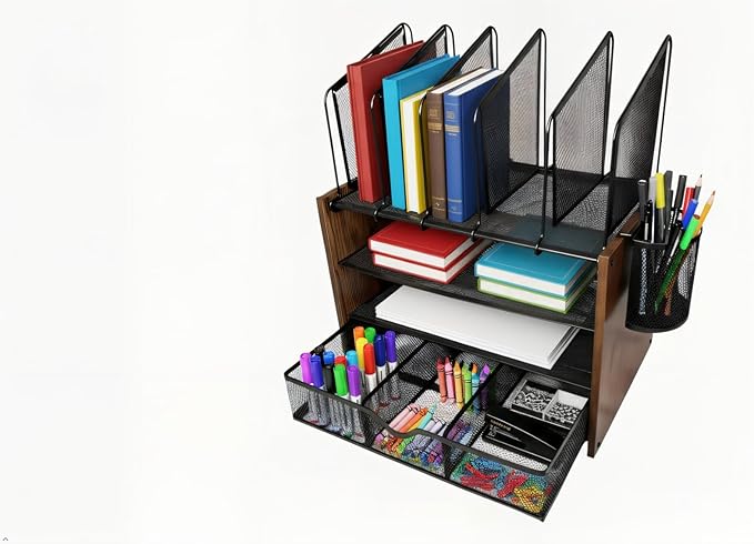 4-Tier Wood & Metal Desk Organizer – Vertical File Tray, Pen Holder & Drawer | Desktop Organizer for Home Office Supplies, Folders, Notebooks & Documents | Space-Saving Mesh Office Organizer