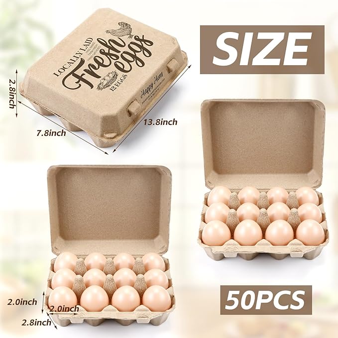 Zhanmai 50 Pcs Natural Paper Pulp Egg Cartons Blank Bulk 12 Count Dozen Vintage Classical 3 x 4 Style Square Chicken Cardboard Egg Tray Holder for Family Farm Market Storing(Stylish)