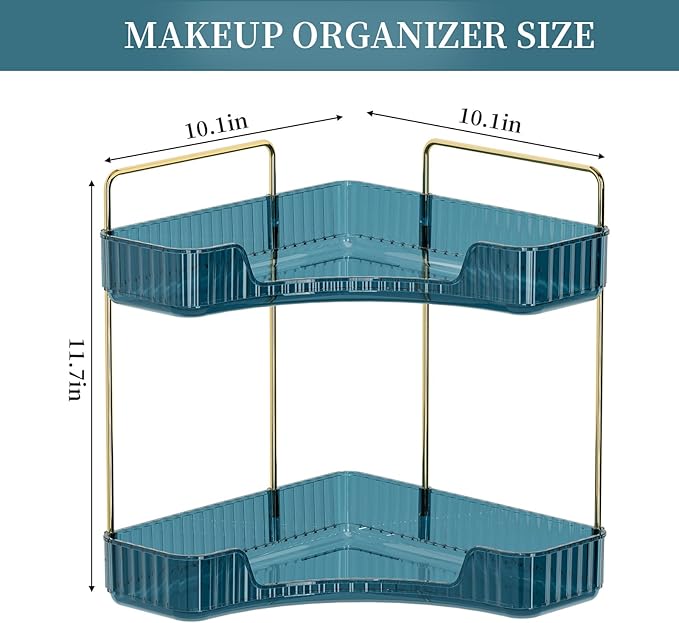 Corner Bathroom Countertop Organizer, Vanity Organizer Trays for Counter, Makeup Organizers, Perfume Tray, Skincare Shelf Storage Gifts for Women Girl Student (Blue, 2 Tiers)