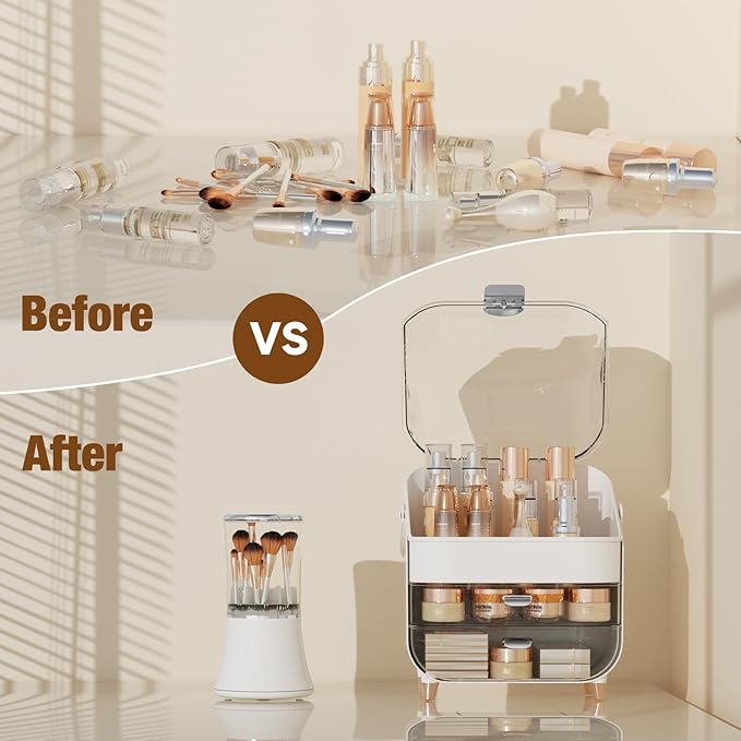 Makeup Organizer Countertop & Makeup Brush Holder with Lid 360 Rotating Clear Dustproof Skincare Holder for Vanity Bathroom Countertop, Ideal Gifts for Women, Transparent, Silver