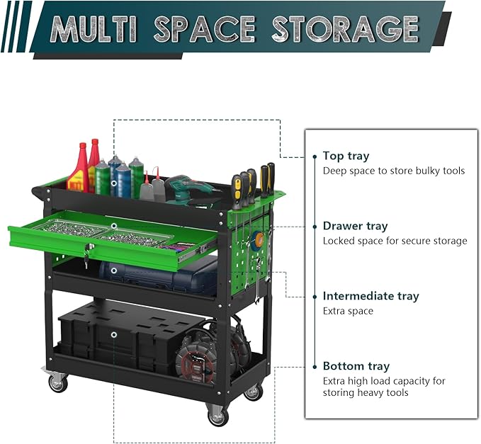 3 Tier Rolling Tool Cart on Wheels with Locking Drawer - Metal Service Cart Industrial Utility Cart for Mechanic - 350 LBS Mobile Storage Organizer for Garage (Black-Green)