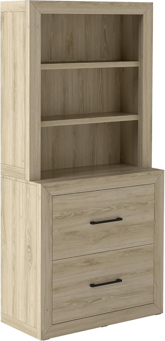 Multi-Depth Bookcase with 2 File Drawers, Bookshelves Floor Standing 3 Tier Adjustable Shelves Organizer and Storage, Solid Bookshelf for Home Office, Living Room, Bed Room