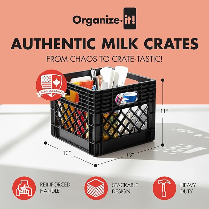 ORGANIZE-IT! 4 Pack Storage Milk Crate, Heavy Duty Versatile Box Organizers with Easy-Grip Handles, Interior 12.25"L x 12.25"W x 10.5"H, Black