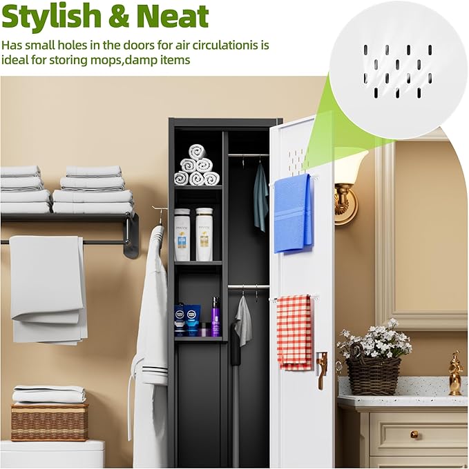 Aobabo 72" H Storage Cabinet with Wheels, Lockable Metal Cleaning Tool Cabinet with Hooks, Cleaning Supplies for Broom Rack Shelf for Broom mops Garage Storage, Assembly Required, Black Gray
