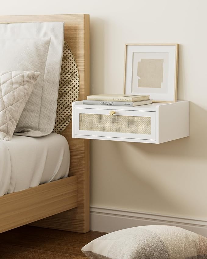 Floating Nightstand,Wall Mounted Night Stand with Drawer,Small Floating Shelves,Floating Wood Bedside Table for Bedroom、Living Room、Bathroom(No Assembly)