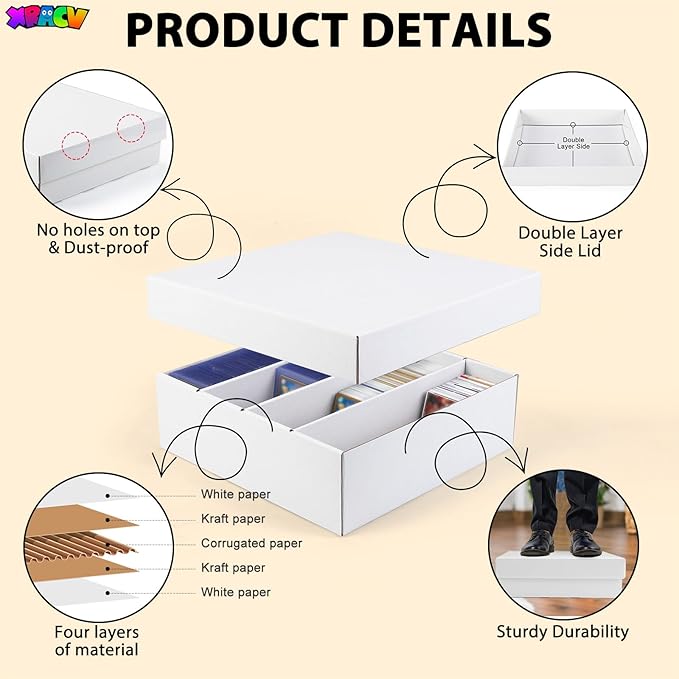 5 Pack Toploader Trading Card Storage Box, 4 Row 3200 Count White Cardboard Storage Box for Basketball/MTG/TCG/Sports/Game Cards Organizer and Collection