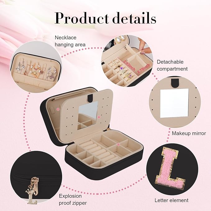 TopPerfekt Travel Jewelry Case, Jewelry Box with Mirror, Jewelry Organizer Bridal Shower Gifts to Her, Earring Storage Travel Case, Trendy Gift for Women and Girls, Girlfriend-Letter L, Black
