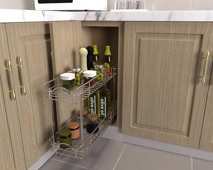 OCG Slide Out Cabinet Organizer for Narrow Cabinet (9" W X 21" D), 2 Tier Pull Out Shelves Slim Sliding Cabinet Organizer and Storage, Chrome