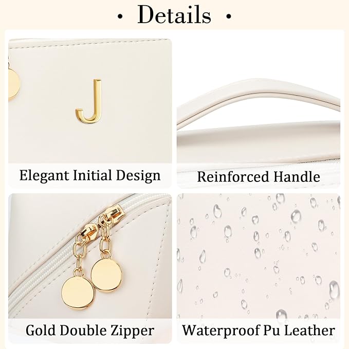 Birthday Gifts for Women Teen Girl, Personalized Initial Makeup Organizer Bag Set, Open Flat Travel Cosmetic Bag With Clear Divider and Handle(Beige,J)