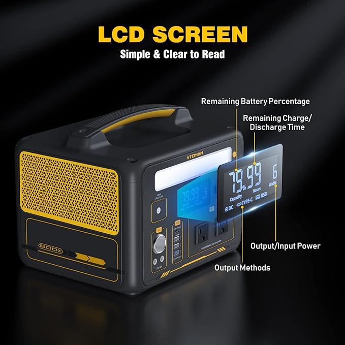 VTOMAN Jump 600X Portable Power Station 600W, 299Wh Solar Generator LiFePO4 Battery Power Station with Jump Start for Car, 1200W AC Outlet, PD 60W USB-C, 3x Regulated 12V/10A DC for Camping, RV Travel