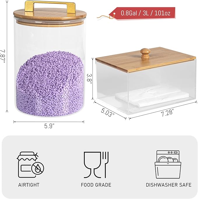 Glass Jars For Laundry Room Organization and Storage, 2 Pack -0.9 Gallon Laundry Detergent Containers for Scent Beads, Powder,Pods With Lids, 5 Labels, 2 Scoops，1 Acrylic Dryer Sheet Holder Included