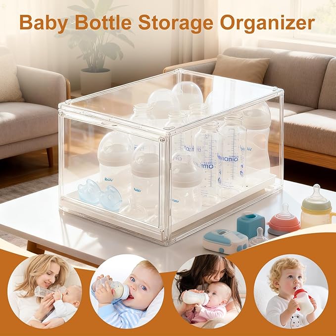 Baby Bottle Organizer, Clear Stackable Acrylic Storage for Countertop Cabinet, Baby Bottle Station Organizer with drawer for Pacifiers, Pump Parts