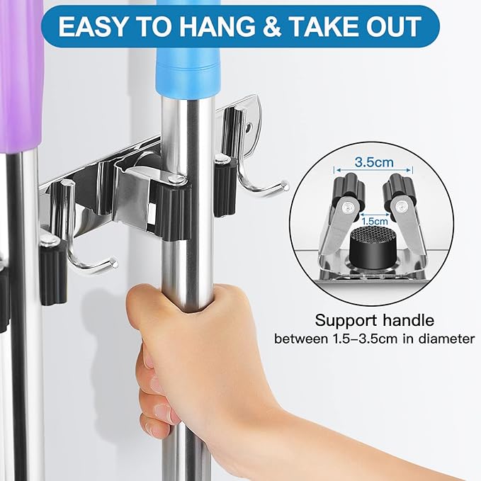 IMILLET 2 Broom Holder Wall Mounted, Stainless Steel Broom Mop Holder Self Adhesive Heavy Duty Hooks Storage Organizer for Home Laundry Room Garden Garage Closet Kitchen（4 Racks with 5 Hooks）