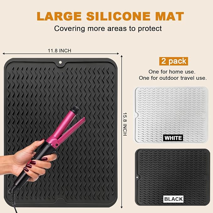 2 Pack Large Curling Irons Mat, Silicone Heat Resistant Portable Travel Mat Cover for Flat Iron, Hair Straightener, Hot Hair Styling Pad Tools-(Black & White)