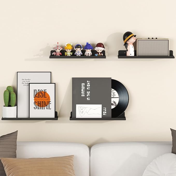 Lifewit Floating Shelves for Wall, 4 Pack Black Acrylic Shelf 15" Room Decor for Bookcase/Vinyl Record Display/Photo/Picture in Bedroom, Living Room, Bathroom, Kitchen Storage and Organization