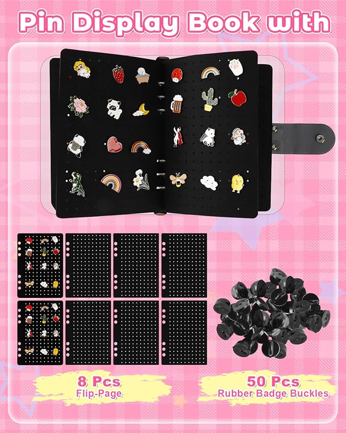 UCEC 8-Page Enamel Pin Display Book & 50 PCS Pin Backs, A5 Binder for Pins Brooches and Badges, Black Button Pinfolio Trading Organizer with Clear PVC Cover, Portable Enamel Pin Collection Storage