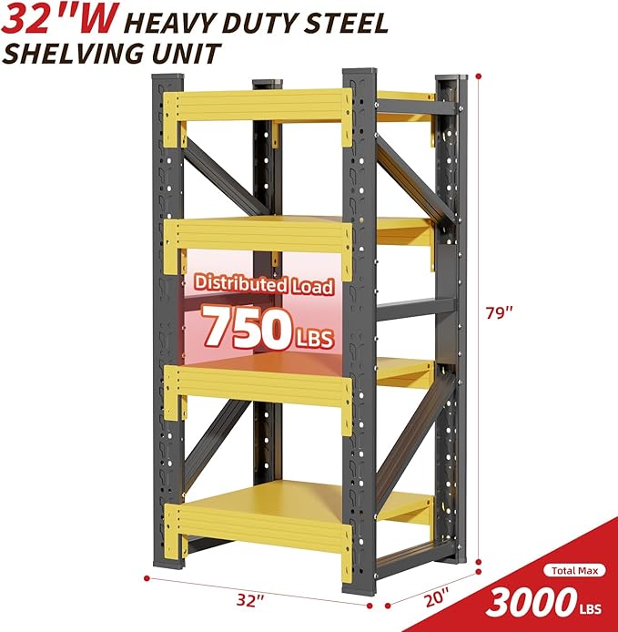 32" W Garage Shelving,4-Tier Heavy Duty Storage Shelves Unit with Adjustable Metal Shelf for Warehouse,Basement,Workshop,3200LBS,32" W x 20" D x 79" H,Black&Yellow