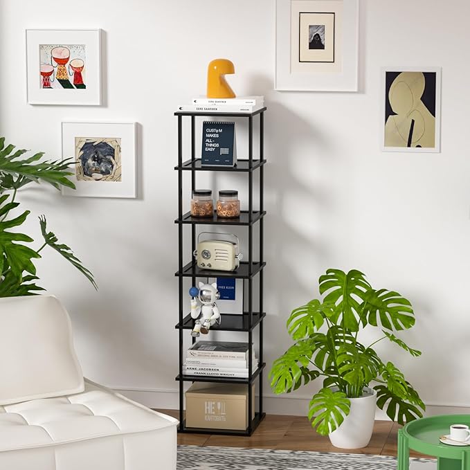 Bamboo Free Standing Shoe Rack Shelf Multi Tier Tall Wooden Stackable Shoes Rack Organizer for Closet Front Door Entrance Narrow Vertical Shoe Storage Rack for Corner Stand (Black, 7 Tiers)