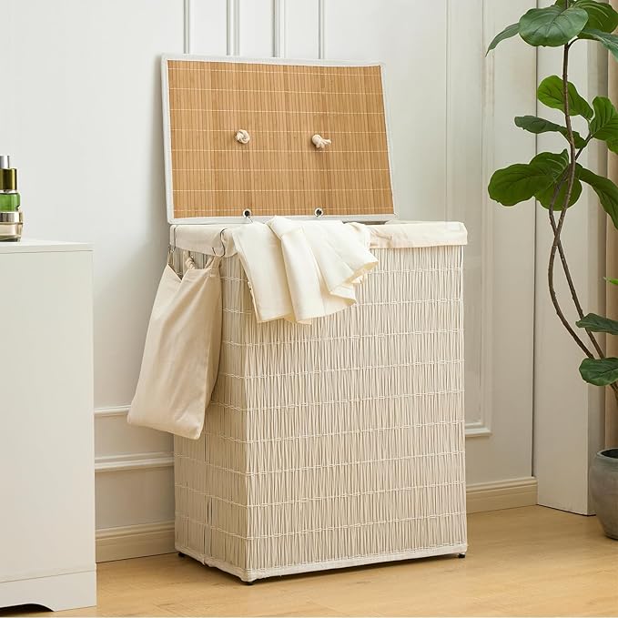 Laundry Hamper with Lid, 52.8 Gallon(200L) Large Laundry Basket 2 Removable Liner Bags, Synthetic Rattan Clothes Hamper with Side Pocket, laundry organization for bathroom, laundry room, White