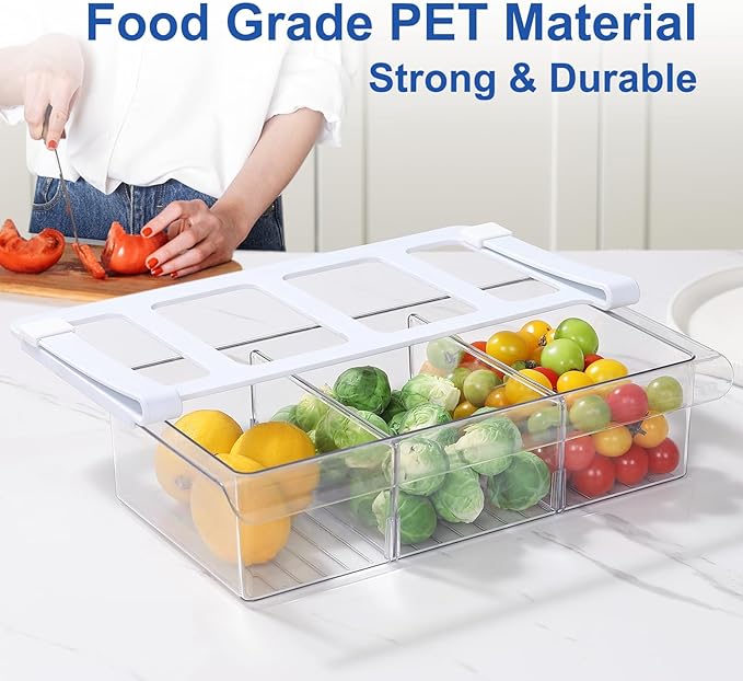 Pull-Out Fridge Drawer Organizer - Under Shelf Storage Bins for Refrigerator Organization for Fruits Vegetables, Cheese & Deli (Tall & Wide with dividers)