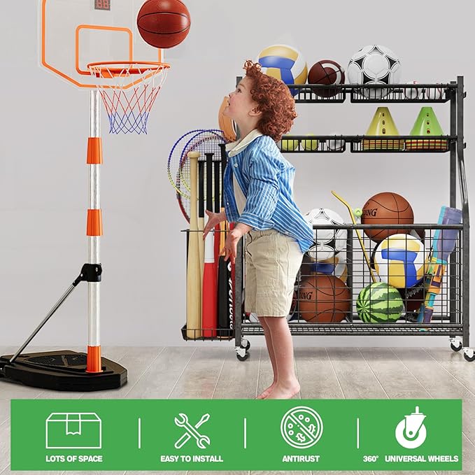 Garage Sports Equipment Organizer,Ball Storage With Four Baskets And Six Hooks,Sports Organizer For Garage,Heavy Duty Garage Organizer,Garage Storage,Garage Organization,Outdoor Toy Storage