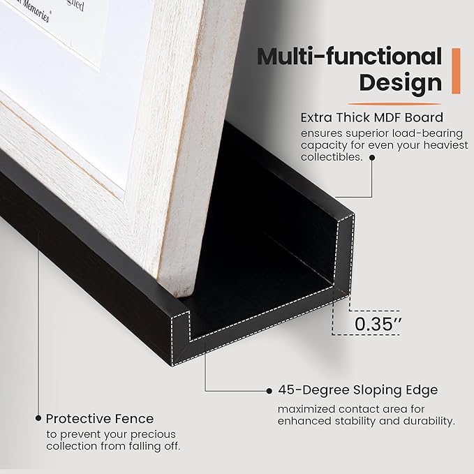 Fun Memories Picture Ledge Shelf, 16 Inch Long Floating Shelves Set of 6, Picture Shelf for Wall with Lip, Large Nursery Book Shelves for Storage, Wall Shelves for Living Room Bedroom Kitchen, Black