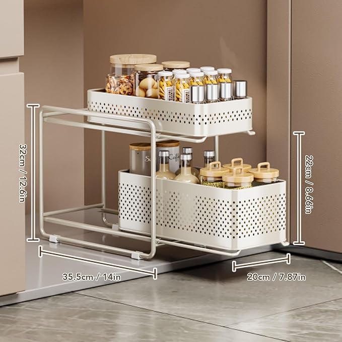 Slide Out Under Sink Organizer, 2 Tier Steel Sink Shelf Cabinet Storage Seasoning Organizer Rack with Guardrails for Kitchen Bathroom Laundry Room Office School
