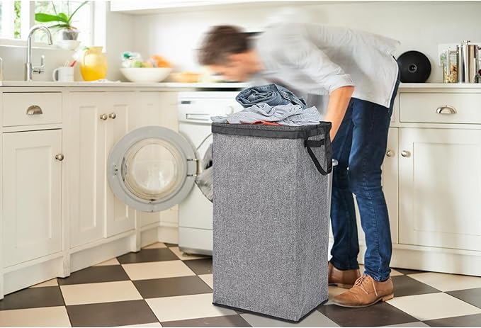 DOKEHOM 100L Laundry Basket with Lid and Removable Laundry Bags, Large Collapsible Laundry Hamper for Bedroom, Bathroom, Laundry Room, Colloge (Grey)