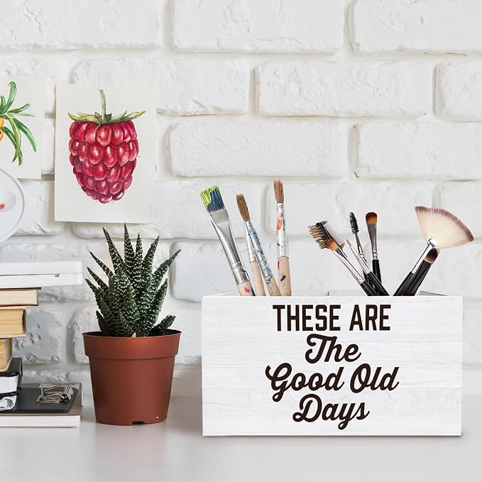Inspirational Pen Holder for Desk, Motivational Quote Pencil Organizer, These Are the Good Old Days Positive Affirmation Wooden Box Sign Desk Decor for Home Office Decoration