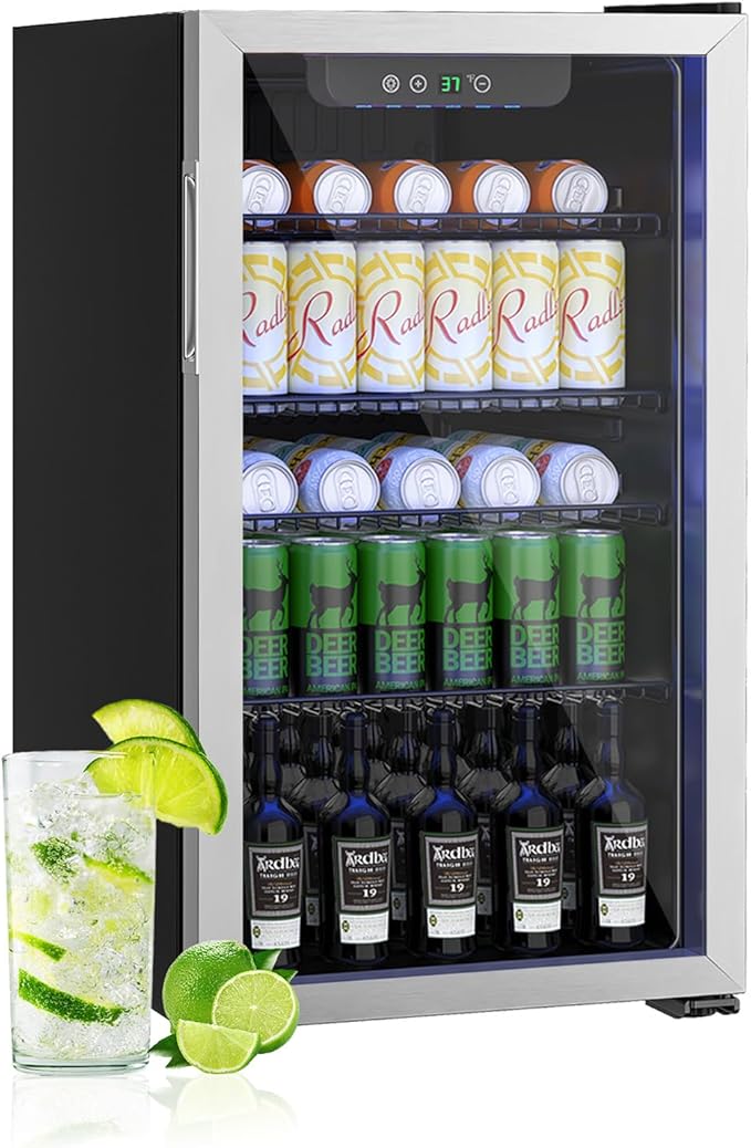3.2 Cubic Feet Mini Fridge,126 Can Freestanding Beverage Refrigerator with Glass Front Door for Soda, Beer Under Counter Small Refrigerator with Adjustable Shelves and Digital Display(Silver)