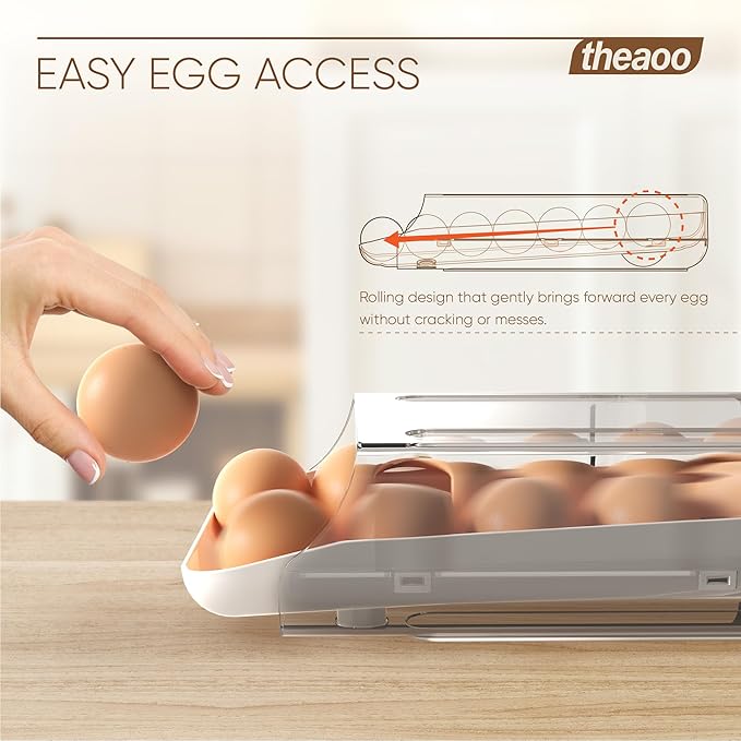 theaoo Egg Holder for Fridge, Automatic Rolling Egg Container for Refrigerator, Clear Plastic Egg Dispenser, Stackable Eggs Organizer with Quick Removable inner Tray For Organizers and Storage, 1 Pack