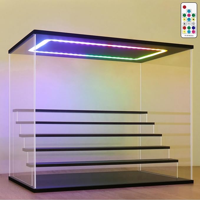 NONEMEY Clear Acrylic Display Case with Light ,3/4/5/6 Tier Multiple Color Lights via Remote Control Dustproof Display Box for Collectibles Figures Mini Toys (6 Tiers 19.6 * 12.5 * 16.5inch)