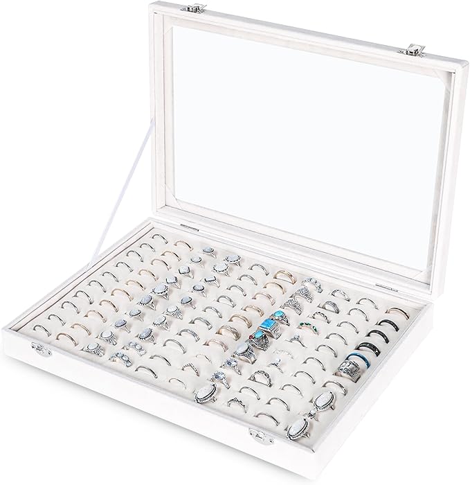 Frebeauty Ring Organizer Tray 100 Slots Ring Holder with Clear Lid Velvet Storage Box Jewelry Tray for Jewelry Store Earring Display Case for Jewelry Show Studs Box for Women(White)