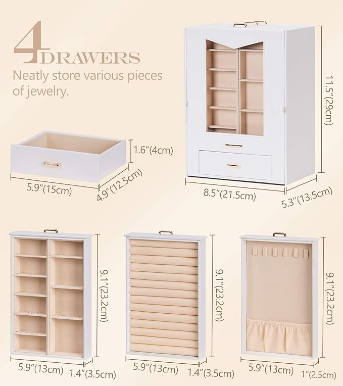 Homde Jewelry Organizer with Transparent Window Necklace Hooks Gift for Women Jewelry Box Display Case for Necklaces Rings Earrings Bracelets and Other Jewelry Accessories (White + Gold)