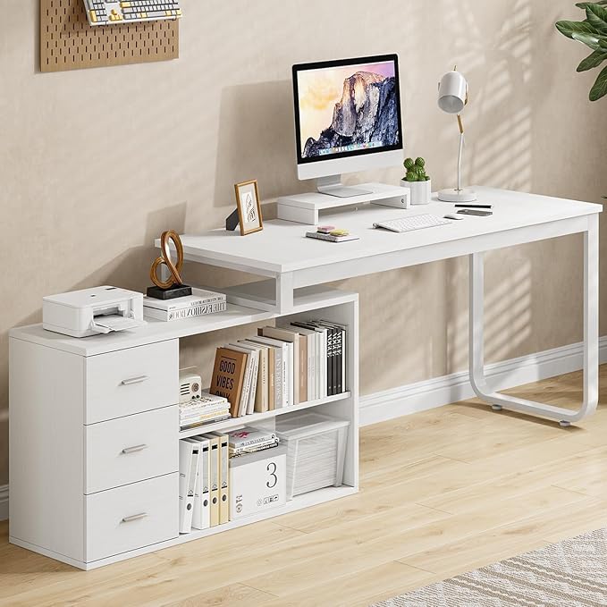 55 Inch Reversible L Shaped Desk with 3 Drawers, White Craft Desk with Storage, Corner Computer Escritorio with Shelves and Monitor Stand for Bedroom, White