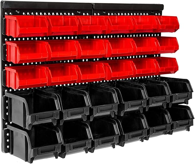 Wall Mounted Storage Bins, 30 Wall Mount Tool Organizer Bins Plastic Parts Rack Container, Easy Access Compartments For Tools, Hardware, Crafts, Office Supplies And More, Blackred