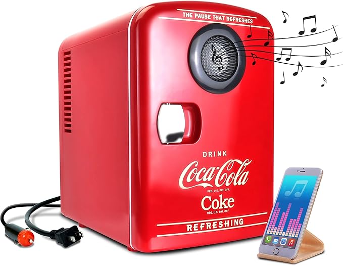 Koolatron Mini Fridge Bluetooth - Portable Small Cooler for Bedroom Office Makeup Compact Beverage Chiller for Drink Soda Wine Use In Car Dorm Patio 6 Can