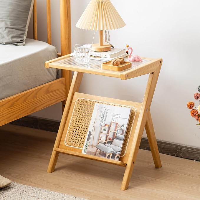 Giantex Rattan Side Table, Boho Nightstand with Glass Top & Magazine Rack, End Table with Storage, Bamboo Bedside Table for Small Space Living Room Bedroom (Natural,1)