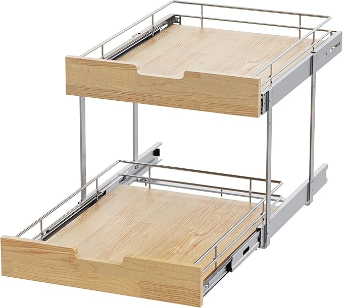 Pull Out Cabinet Organizer,Heavy-Duty Slide Out Shelf, Wood and Wire Basket, Pull Out Drawer for for Kitchen Under Sink Space, Pantry, Bathroom, 2 Tie 26 * 21 in