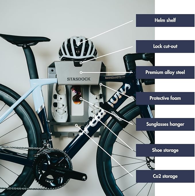 Stasdock Wall Bike Rack | Bike Storage Wall Mount System | For Race Bicycles (Silver Metallic) and Mountain Bikes | Bike Shelf | Indoor bike wall bracket | Stores helmet and shoes | Home and Garage