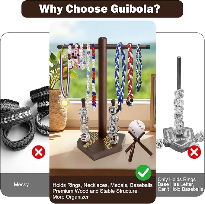 Wooden Baseball Ring & Necklace Holder – Championship Rings Display Stand for Softball & Baseball, Sports Ring Organizer Holder Gift for Players & Fans