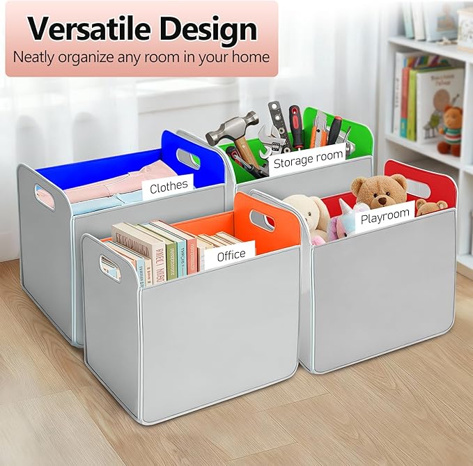 6 Pcs 14x10 Inch Colorful Felt Rectangular Storage Bins Collapsible Storage Basket with Handle for Shelves Closet Bedroom Office Clothes Book Holiday Christmas Stuff Organizer(Gray-rainbow)