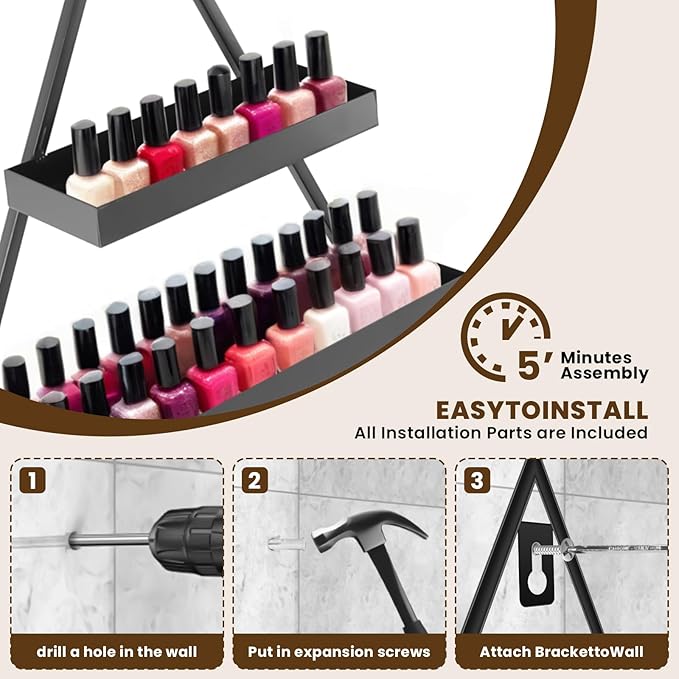 10PCS Nail Polish Rack Wall Mounted Shelf, 5 Tiers Black Triangular Display Rack, Cosmetic Display Cases, Lipstick Perfume Wall Shelf Essential Oil Organizer for Home Spa Nail Salon Shop (Black)