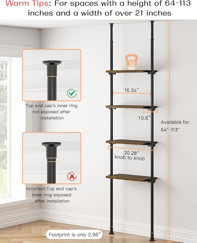 ALLZONE Adjustable Tall Narrow Bookshelf for Bedroom, 4-Tier Ladder Bookcase for Small Spaces, Tension Mount Tall Skinny Book Shelf with Open Storage, 64 to 113Inch Height