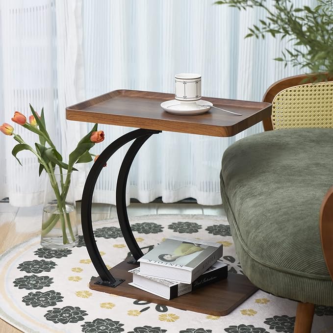 C Shaped end Table,2tier Large Tray Wood top,Easy Install Heavy Duty Side Table,TV Tray for Couch Sofa